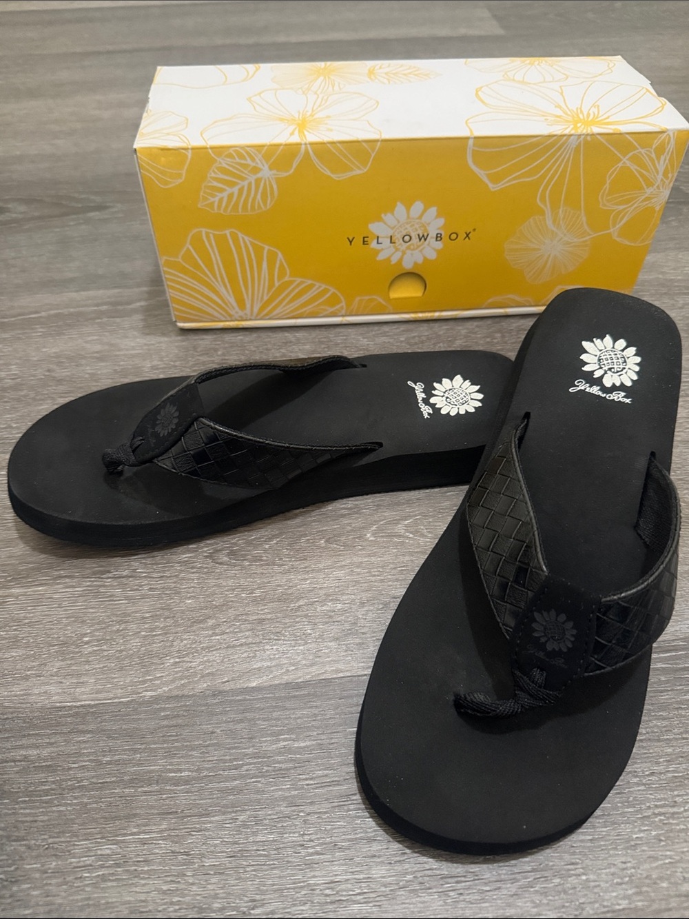 Yellow Box Black Wedge Thong Sandals with Textured Strap